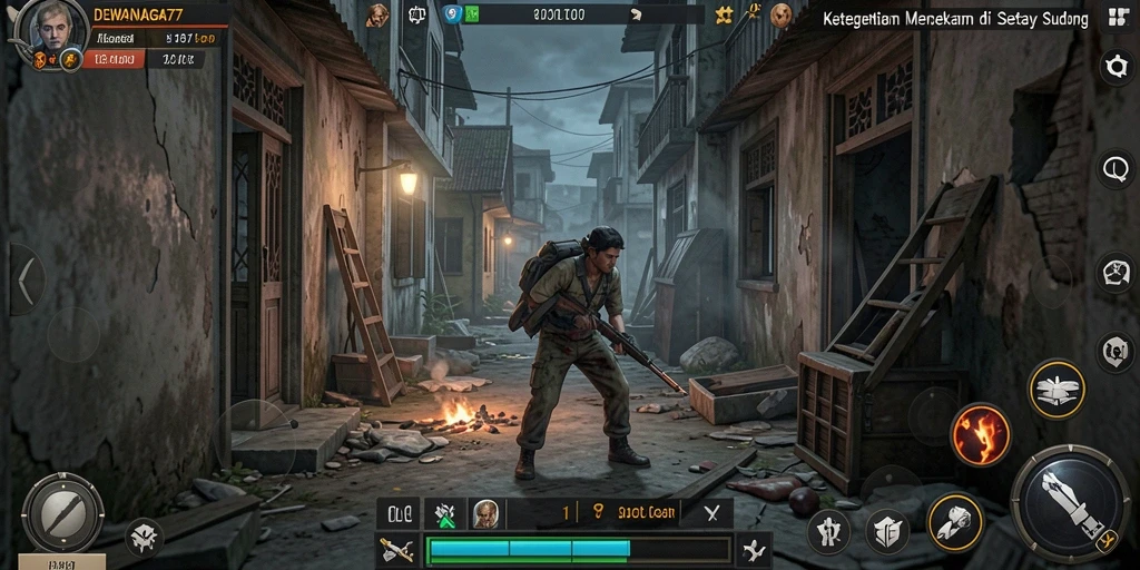 Screenshot gameplay DEWANAGA77 yang menunjukkan momen menegangkan di dalam kegelapan.