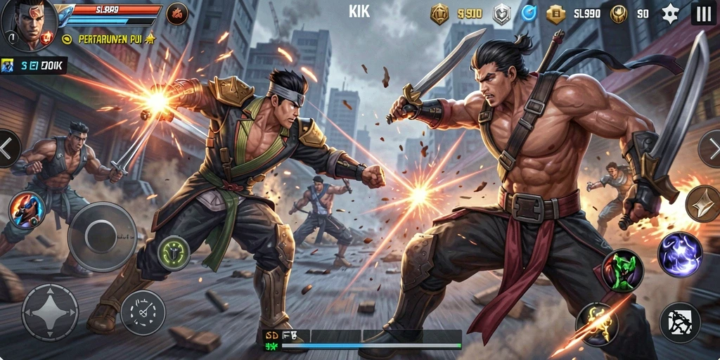 Tangkapan layar gameplay SL999 dengan aksi pertarungan yang seru.