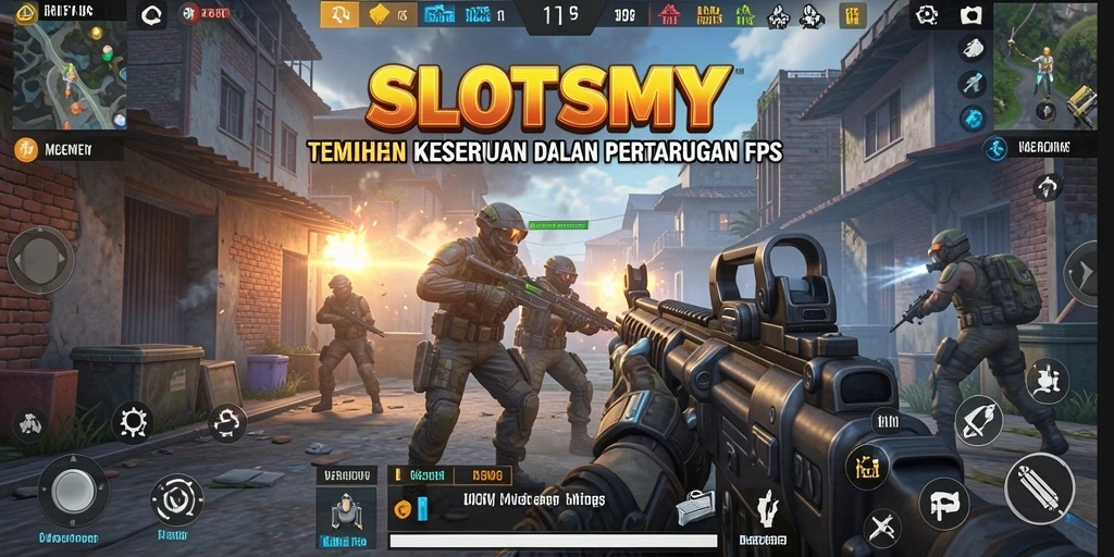 Screenshot SLOTSMY menampilkan aksi tembak-menembak yang intens dalam gameplay FPS.